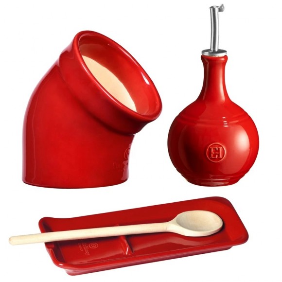 Набор Солонка, бутылка для уксуса + подставка в подарок Emile Henry, гранат