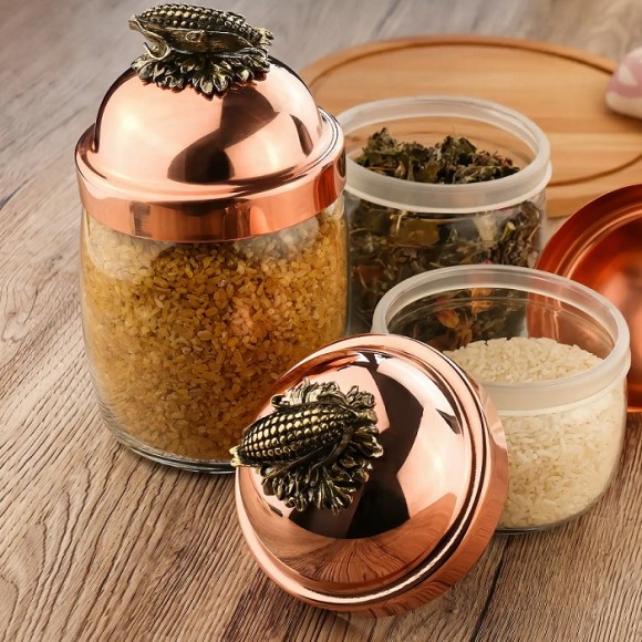 Банка под сыпучие продукты Кольчугинский мельхиор, 920 мл, "Кукуруза" с медной крышкой