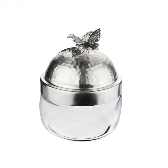 Банка под сыпучие продукты Кольчугинский мельхиор 420 мл "Бабочки" с латунной посеребренной кованой крышкой с чернением