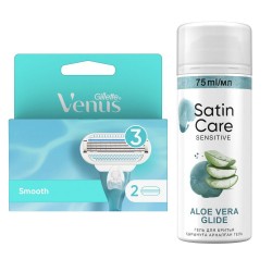 Гель для бритья Satin Care для женщин для чувствительной кожи Aloe Vera, 75 мл+Сменные кассеты для бритвы Gillette Venus Smooth, 2 шт