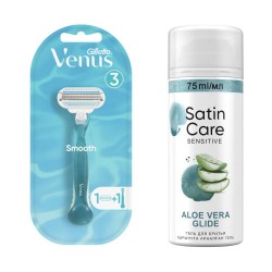 Женская бритва Venus Smooth + Гель для бритья Satin Care для женщин для чувствительной кожи Aloe Vera, 75 мл