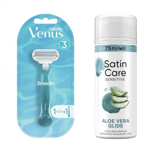 Женская бритва Gillette Venus + 1 кассета+Гель для бритья Satin Care для женщин для чувствительной кожи Aloe Vera, 75 мл