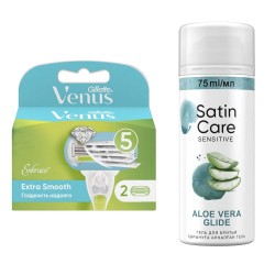 Гель для бритья Satin Care для женщин для чувствительной кожи Aloe Vera, 75 мл+Сменные кассеты для бритвы Gillette Venus Extra Smooth Embrace, 2 шт