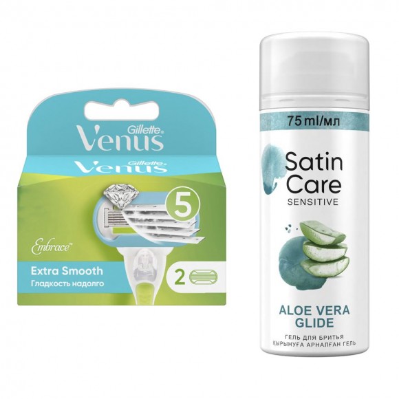 Гель для бритья Satin Care для женщин для чувствительной кожи Aloe Vera, 75 мл+Сменные кассеты для бритвы Gillette Venus Extra Smooth Embrace, 2 шт