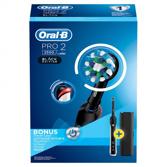 Электрическая зубная щетка Oral-B PRO 2 2500 Cross Action D501.513.2X (чёрная насадка) + Футляр