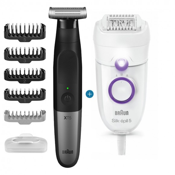Триммер электрический Braun OneTool XT5100 черный/серебристый + Эпилятор Braun S5 SE 5-505P с насадками White Purple