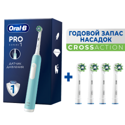 Электрическая зубная щётка Oral-B Pro Series 1, Бирюзовая, 1 сменная насадка+Насадки Oral-B CrossAction EB50RB-4, 4 шт