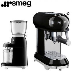 Кофемашина-эспрессо SMEG, черная, ECF01BLEU + Кофемолка SMEG, черная, CGF01BLEU