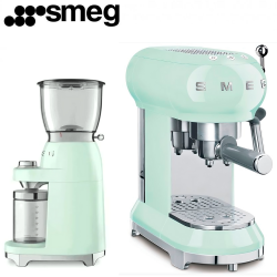 Кофемашина-эспрессо SMEG, пастельно зеленая, ECF01PGEU + Кофемолка SMEG, зеленая, CGF01PGEU