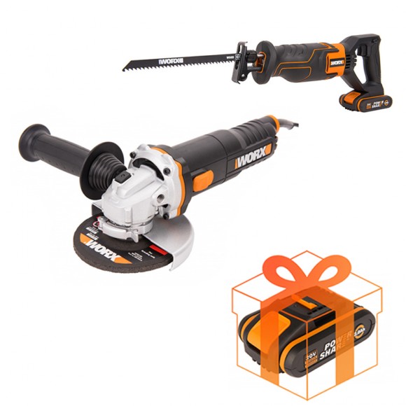 Комплект: Сабельная пила аккумуляторная WORX WX500 + Угловая шлифмашина WORX WX712 + Аккумулятор WORX WA3551 в подарок