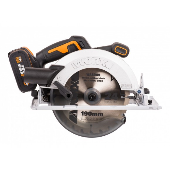 Комплект: Циркулярная аккумуляторная пила WORX WX520.9 + Зарядное устройство WORX WA3880 + Аккумулятор WORX WA3551 в подарок