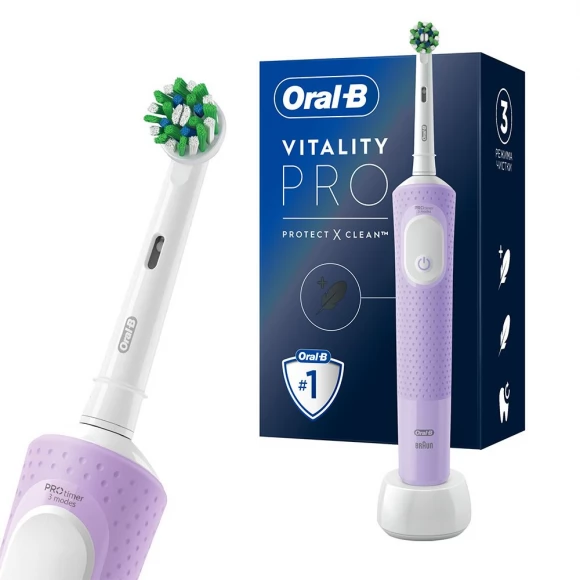 Электрическая зубная щетка Oral-B Vitality Pro D103.413.3 Cross Action Protect X Clean, сиреневый+Насадки Oral-B CrossAction EB50RB-4, 4 шт