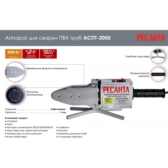 Аппарат для сварки пластиковых труб Ресанта АСПТ-2000 (65/55)