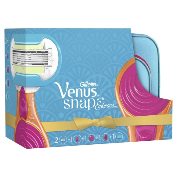 Подарочный набор с женской бритвой Gillette Venus Snap Embrace + 2 сменные кассеты + косметичка + расческа