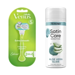 Женская бритва Gillette Venus Extra Smooth Embrace + 2 кассеты+Гель для бритья Satin Care для женщин для чувствительной кожи Aloe Vera, 75 мл