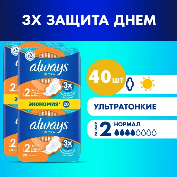 Прокладки Always Ultra Normal Duo гигиенические ароматизированные, (20x2) 40шт