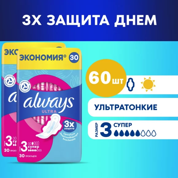 Прокладки Always Ultra Super Quatro гигиенические ароматизированные, (30x2) 60шт